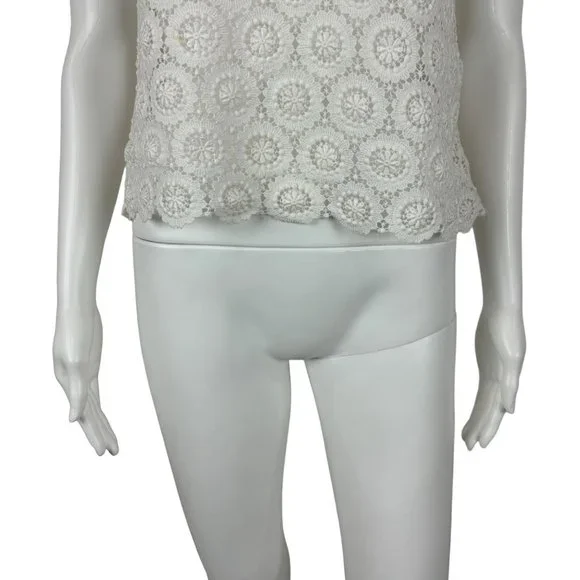 Vintage 50s Lace Blouse Women's Medium White Bow Neck Button Back Sleeveless